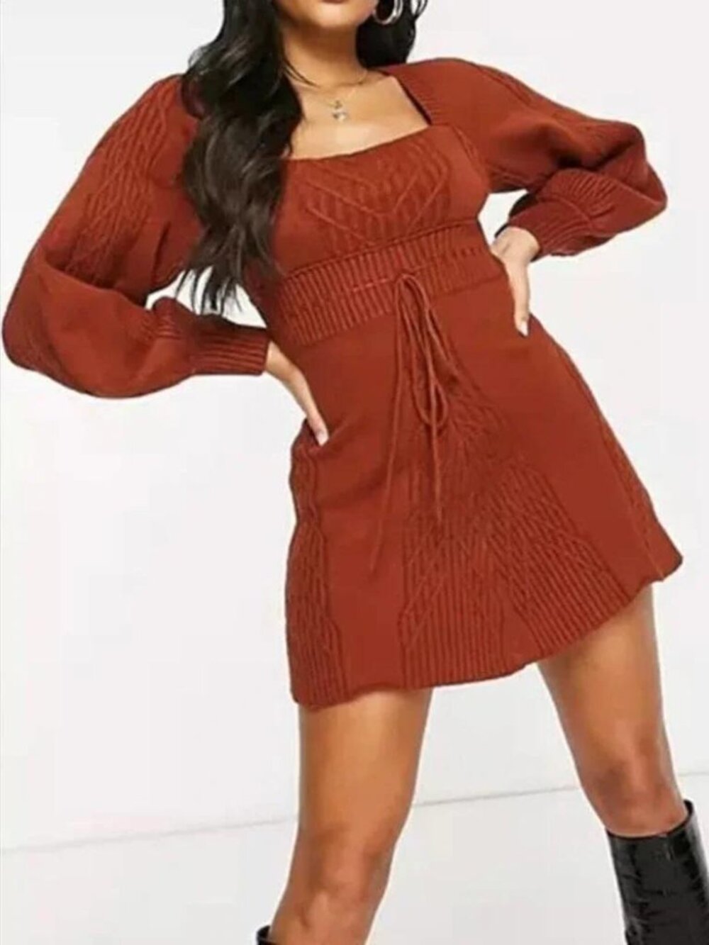 Free People Emmaline mini sweater dress in cinnamon rust cable knit back cutout